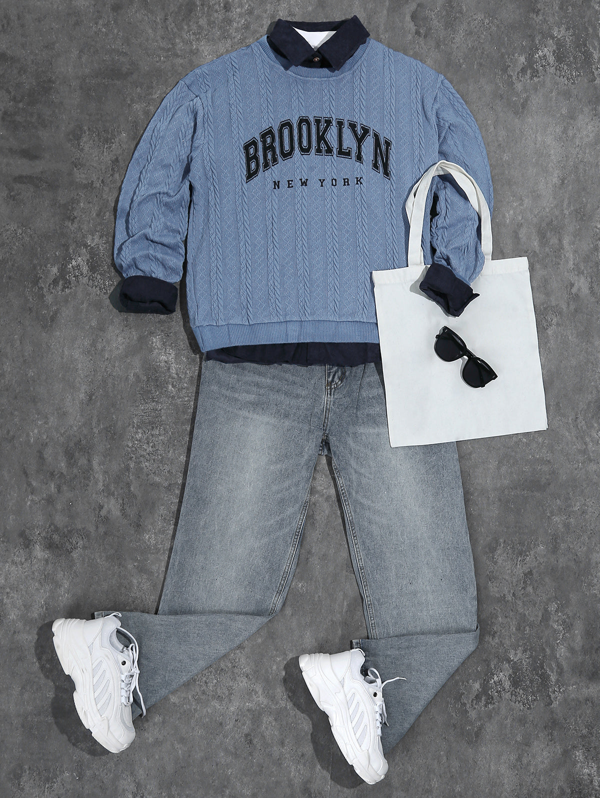 Men's Casual Letter BROOKLYN NEW YORK Graphic Printed Jacquard Textured Cable Knit Crew Neck Long Sleeve Sweater Shirt Jeans Set