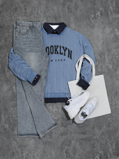 Men's Casual Letter BROOKLYN NEW YORK Graphic Printed Jacquard Textured Cable Knit Crew Neck Long Sleeve Sweater Shirt Jeans Set