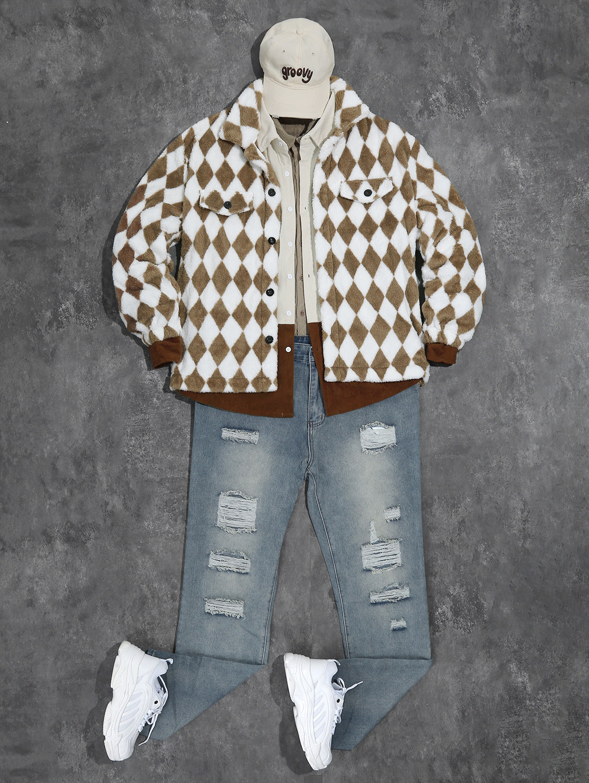 Men's Colorblock Argyle Pattern Button Front Fluffy Teddy Fleece Jacket Shirt Jeans Set