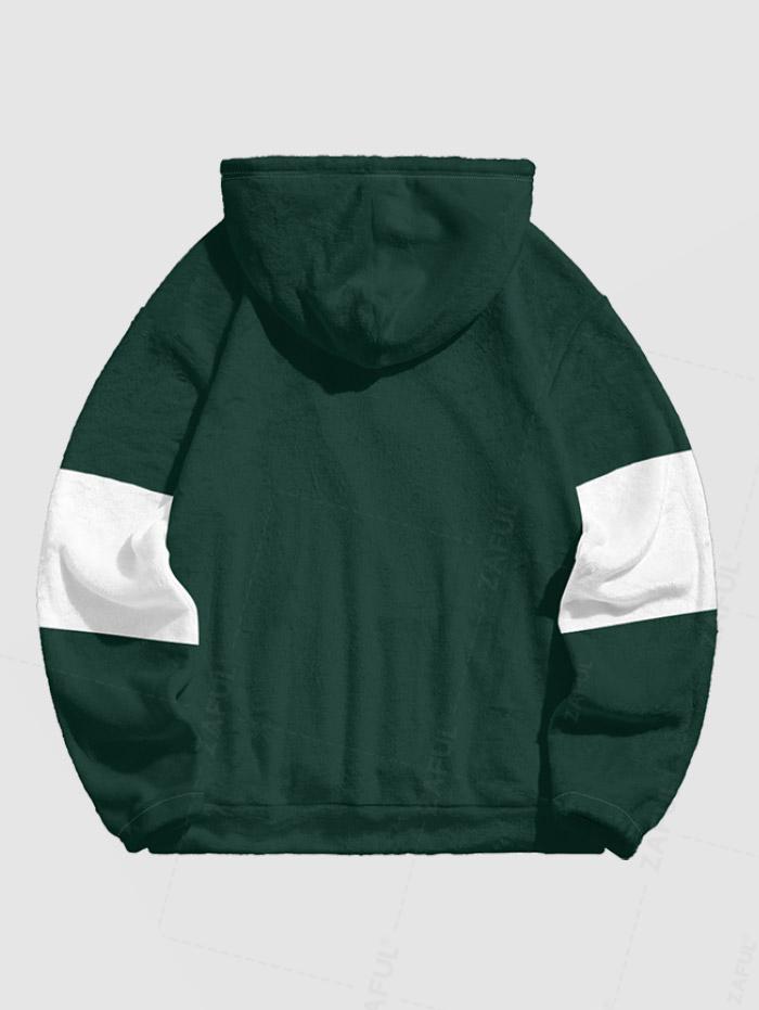 Men's Fleece Fluffy Colorblock Letter Pattern Kangaroo Pocket Pullover Hoodie