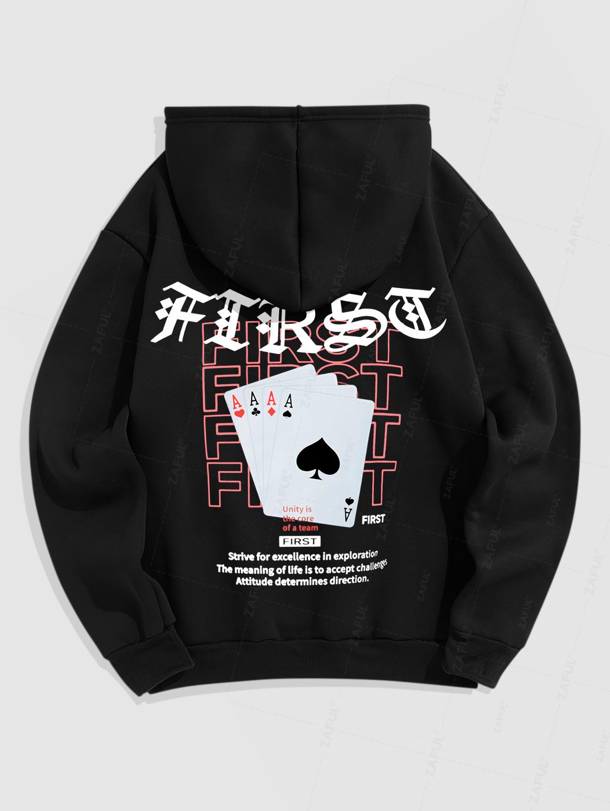 Men's Slogan Letter First Playing Card A Pattern Fleece-lined Kangaroo Pocket Design Pullover Hoodie