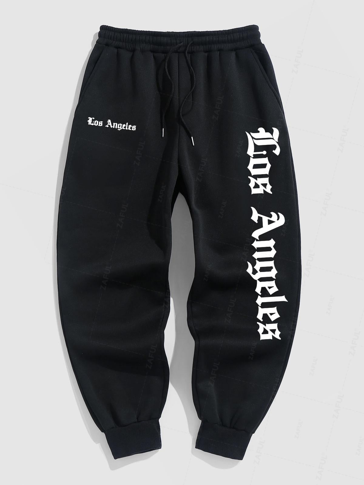 Men's Casual Letter Los Angeles Pattern Fuzzy Fleece-lined Drawstring Jogger Sweatpants