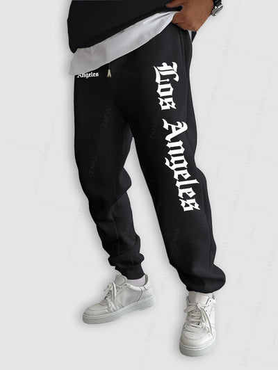 Men's Casual Letter Los Angeles Pattern Fuzzy Fleece-lined Drawstring Jogger Sweatpants