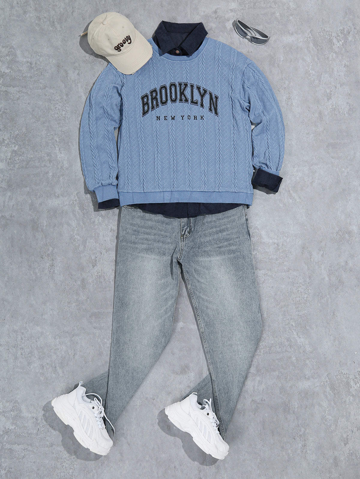 Men's Casual Letter BROOKLYN NEW YORK Graphic Printed Jacquard Textured Cable Knit Crew Neck Long Sleeve Sweater Shirt Jeans Set