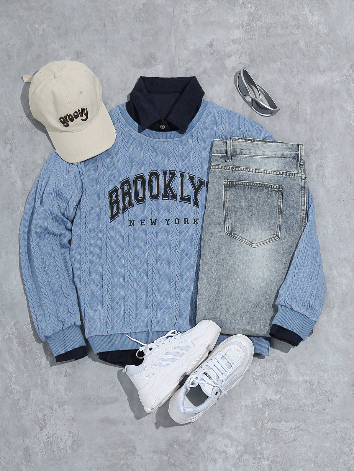 Men's Casual Letter BROOKLYN NEW YORK Graphic Printed Jacquard Textured Cable Knit Crew Neck Long Sleeve Sweater Shirt Jeans Set