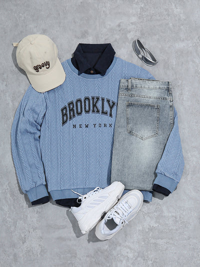 Men's Casual Letter BROOKLYN NEW YORK Graphic Printed Jacquard Textured Cable Knit Crew Neck Long Sleeve Sweater Shirt Jeans Set Kosyway