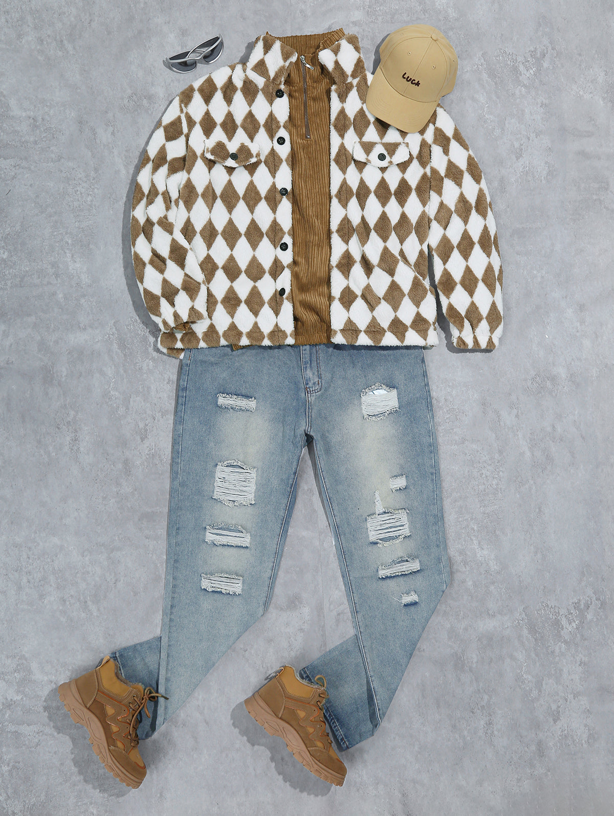 Men's Colorblock Argyle Pattern Button Front Fluffy Teddy Fleece Jacket Sweatshirt Jeans Set