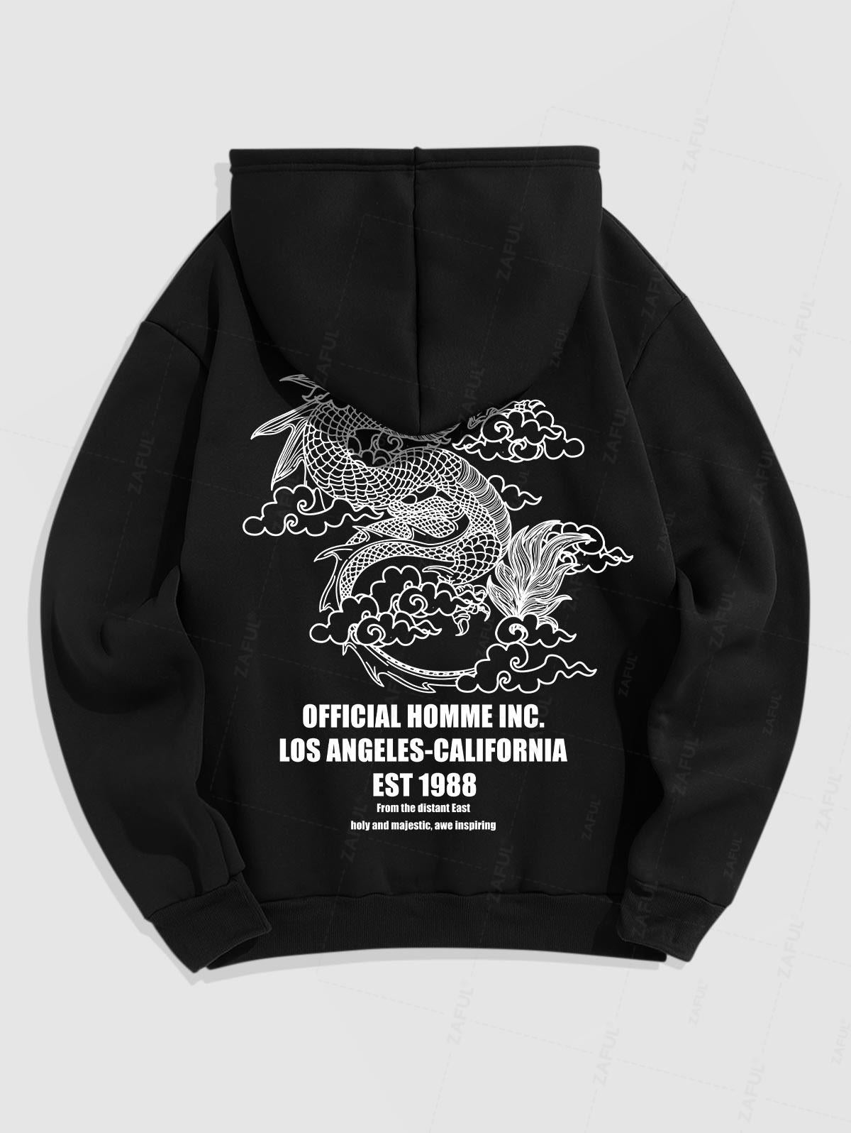 Men's Casual Dragon Letter Pattern Fleece-lined Kangaroo Pocket Design Pullover Hoodie