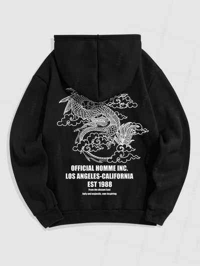 Men's Casual Dragon Letter Pattern Fleece-lined Kangaroo Pocket Design Pullover Hoodie