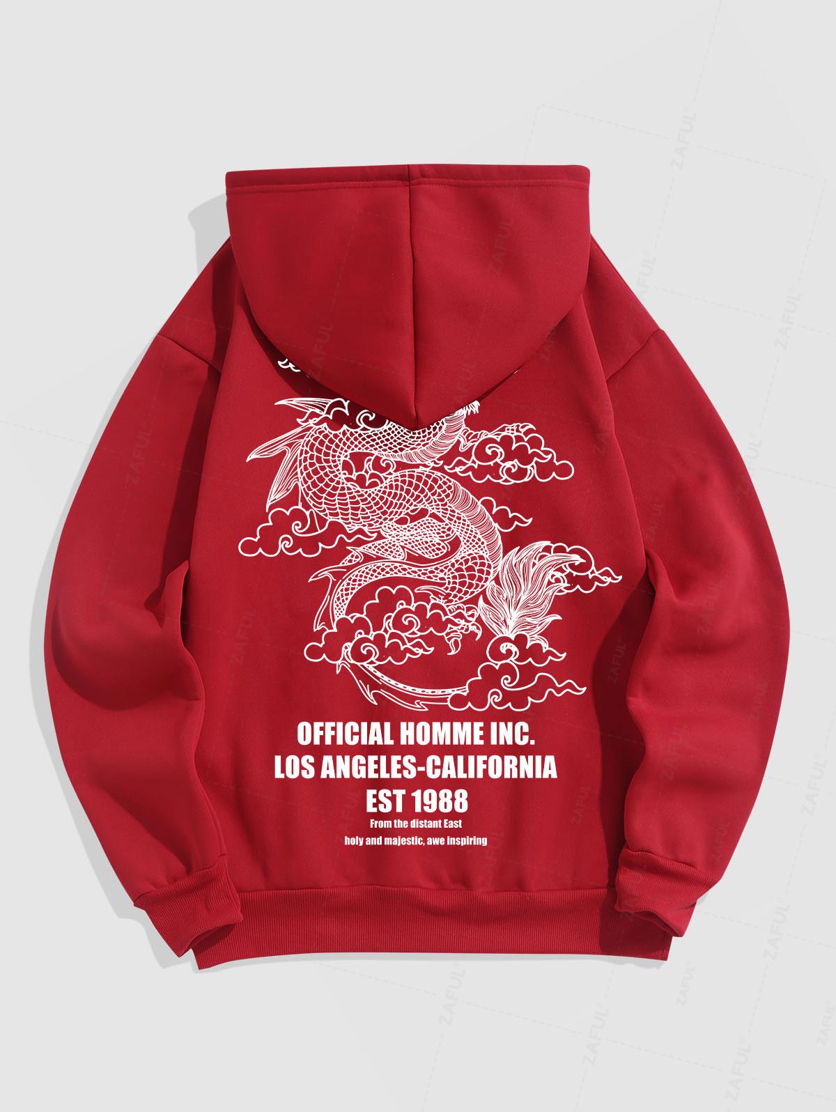 Men's Casual Dragon Letter Pattern Fleece-lined Kangaroo Pocket Design Pullover Hoodie