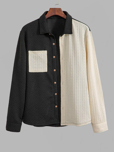 Men's Casual Colorblock Jacquard Textured Pocket Design Button Up Long Sleeves Shirt