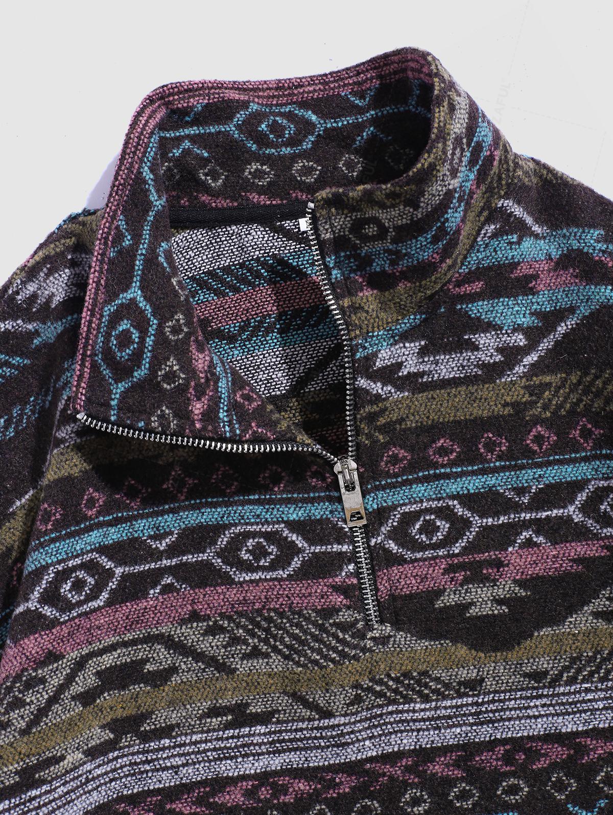 Men's Casual Ethnic Style Pattern Half Zip Stand Collar Pullover Sweatshirt