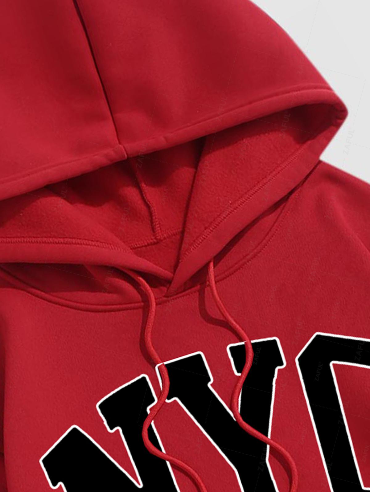 Men's Casual Letter NYC Pattern Fuzzy Fleece-lined Kangaroo Pocket Design Pullover Hoodie