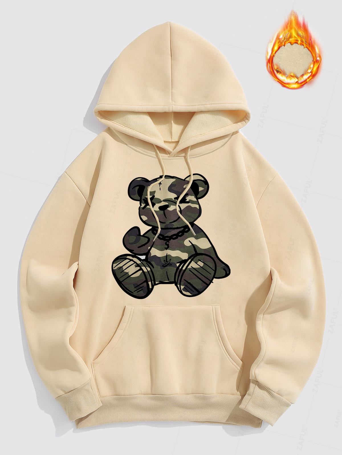 Men's Casual Bear Pattern Fuzzy Fleece-lined Kangaroo Pocket Design Pullover Hoodie