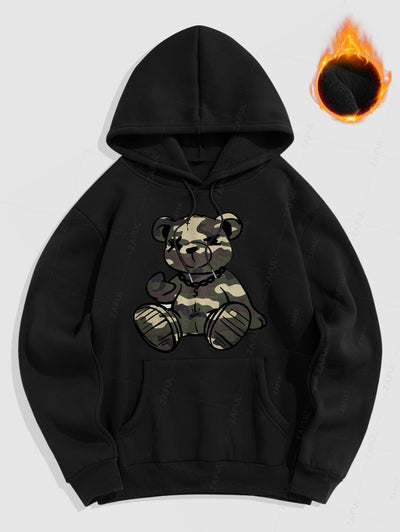 Men's Casual Bear Pattern Fuzzy Fleece-lined Kangaroo Pocket Design Pullover Hoodie