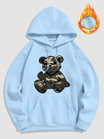 Men's Casual Bear Pattern Fuzzy Fleece-lined Kangaroo Pocket Design Pullover Hoodie