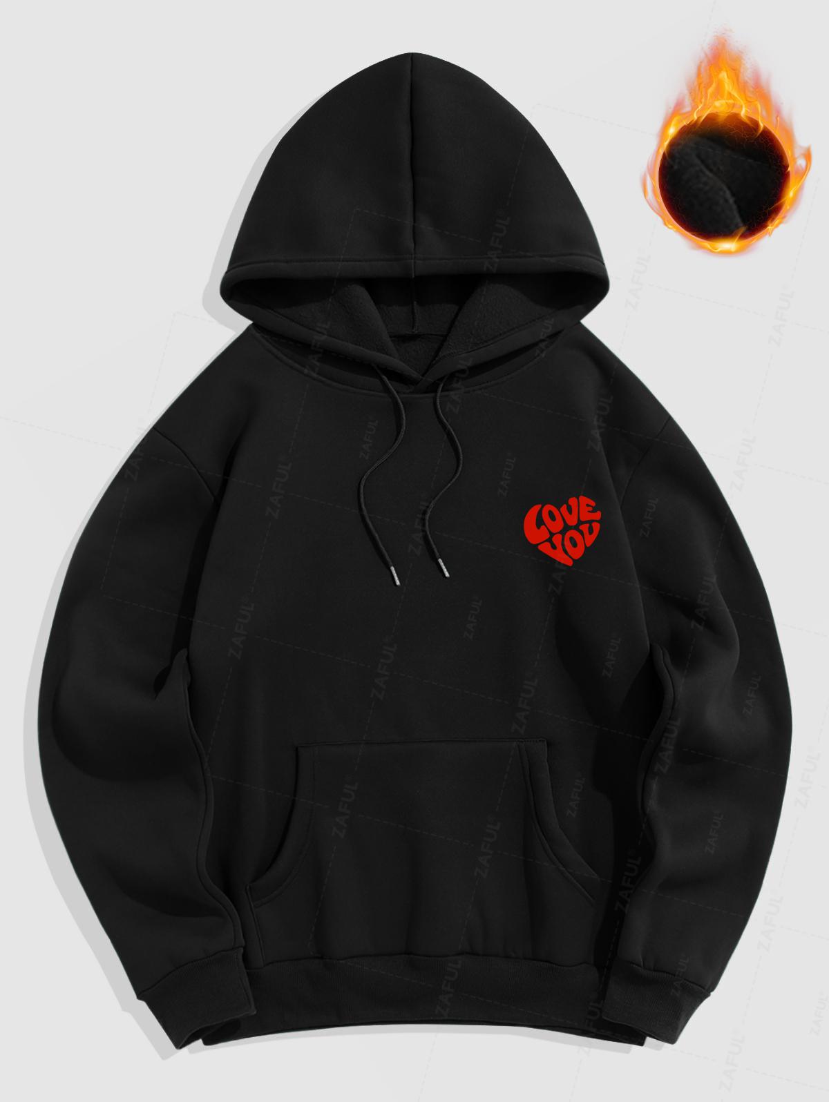 Men's Casual Letter Heart Pattern Fuzzy Fleece-lined Kangaroo Pocket Design Pullover Hoodie