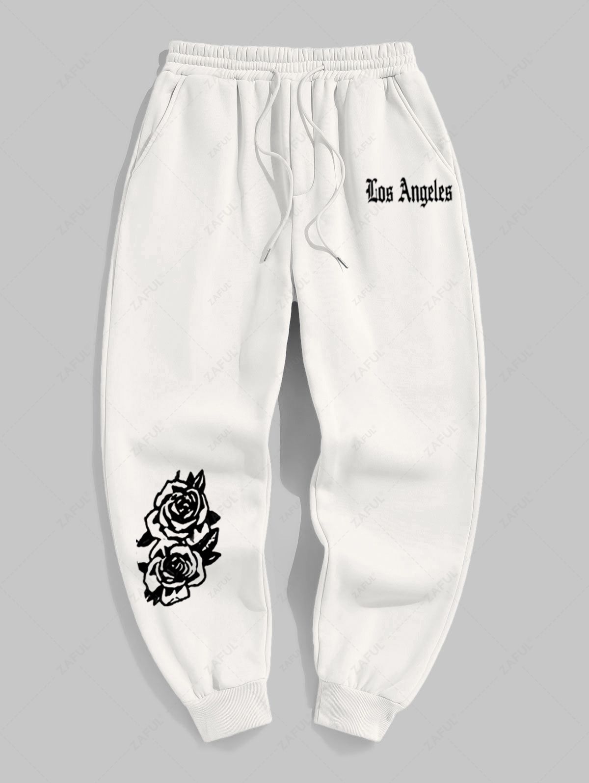 Men's Casual Letter Floral Rose Pattern Fuzzy Fleece-lined Drawstring Jogger Sweatpants