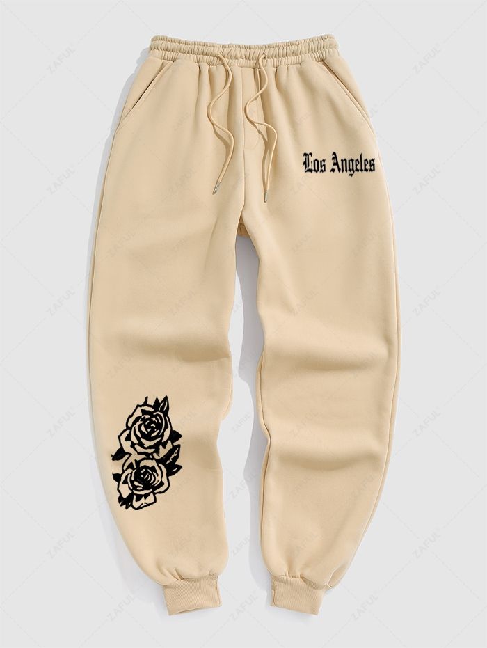 Men's Casual Letter Floral Rose Pattern Fuzzy Fleece-lined Drawstring Jogger Sweatpants