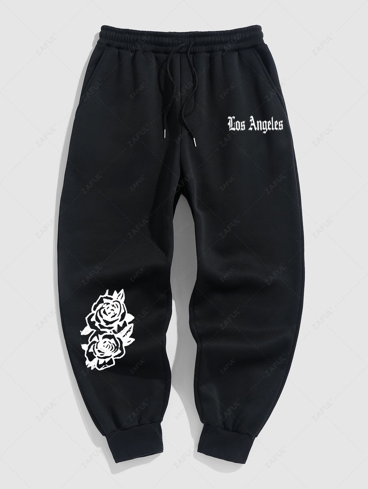 Men's Casual Letter Floral Rose Pattern Fuzzy Fleece-lined Drawstring Jogger Sweatpants