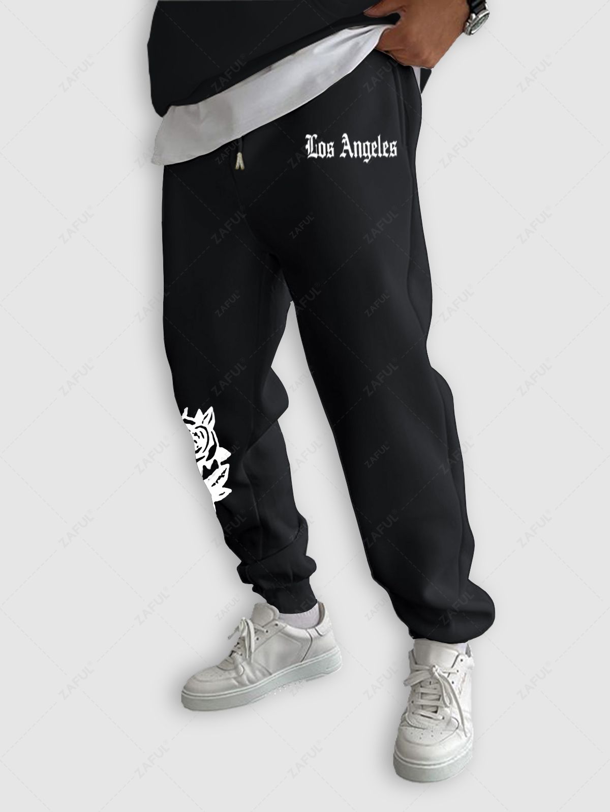 Men's Casual Letter Floral Rose Pattern Fuzzy Fleece-lined Drawstring Jogger Sweatpants