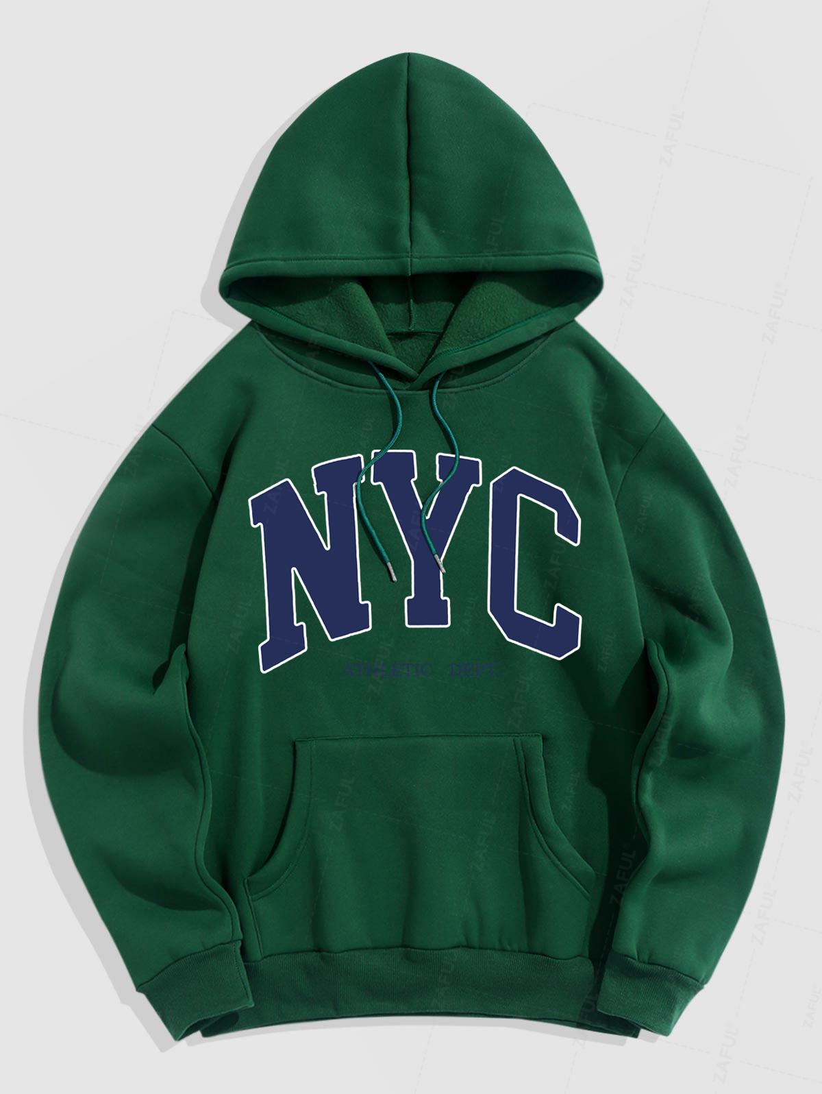 Men's Casual Letter NYC Pattern Fuzzy Fleece-lined Kangaroo Pocket Design Pullover Hoodie