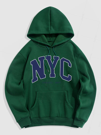 Men's Casual Letter NYC Pattern Fuzzy Fleece-lined Kangaroo Pocket Design Pullover Hoodie