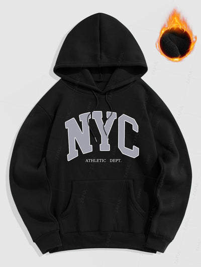 Men's Casual Letter NYC Pattern Fuzzy Fleece-lined Kangaroo Pocket Design Pullover Hoodie