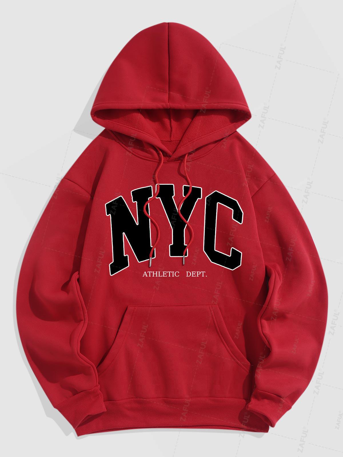 Men's Casual Letter NYC Pattern Fuzzy Fleece-lined Kangaroo Pocket Design Pullover Hoodie