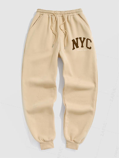 Men's Casual Letter NYC Pattern Fuzzy Fleece-lined Drawstring Jogger Sweatpants