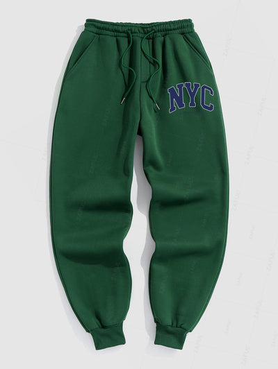 Men's Casual Letter NYC Pattern Fuzzy Fleece-lined Drawstring Jogger Sweatpants