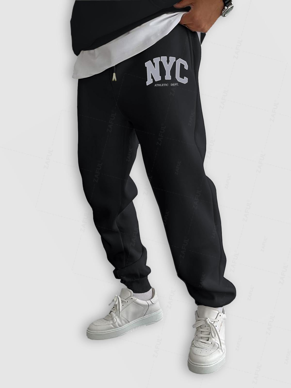 Men's Casual Letter NYC Pattern Fuzzy Fleece-lined Drawstring Jogger Sweatpants