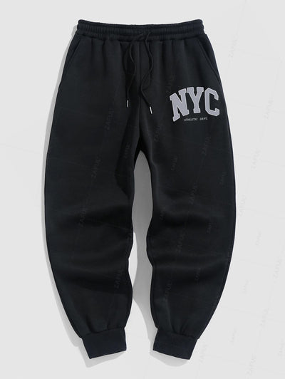 Men's Casual Letter NYC Pattern Fuzzy Fleece-lined Drawstring Jogger Sweatpants