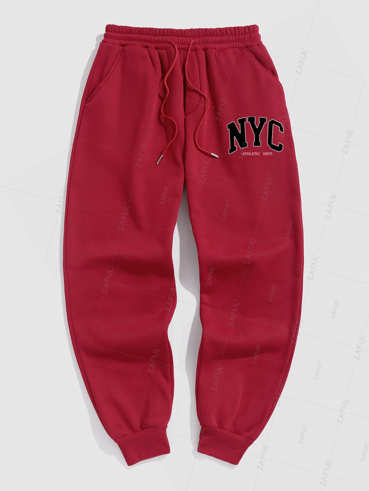 Men's Casual Letter NYC Pattern Fuzzy Fleece-lined Drawstring Jogger Sweatpants