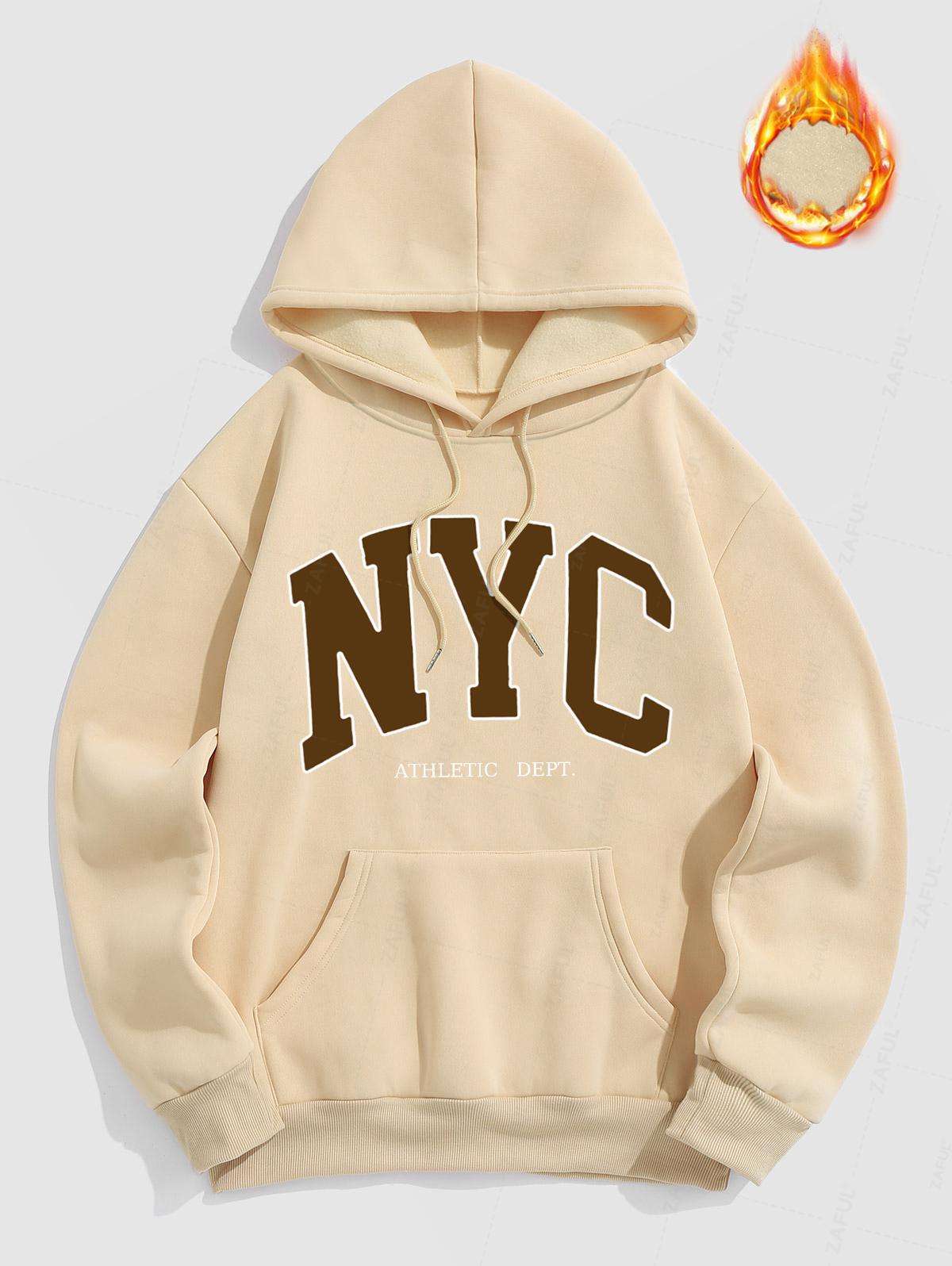 Men's Casual Letter NYC Pattern Fuzzy Fleece-lined Kangaroo Pocket Design Pullover Hoodie