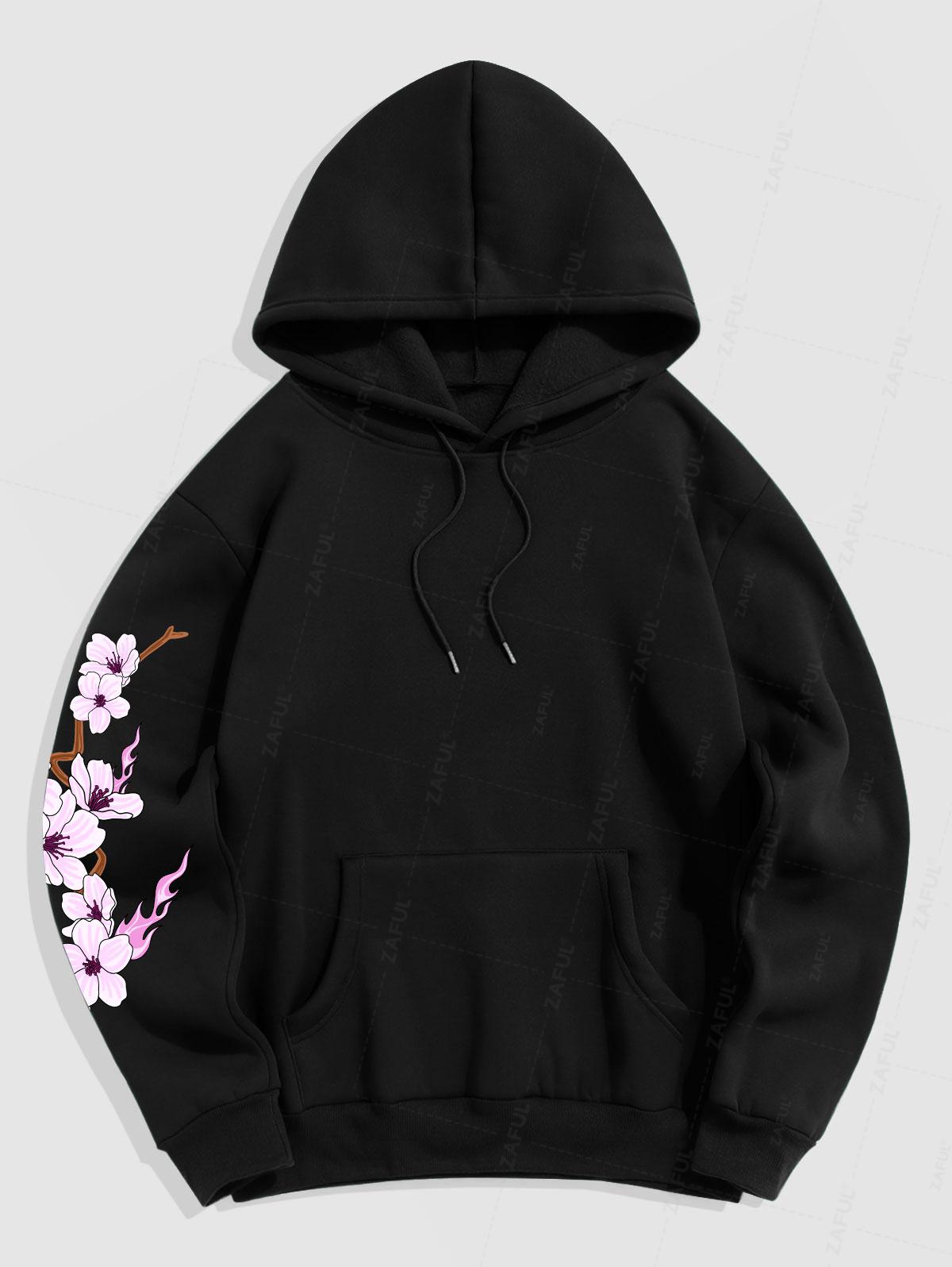 Men's Japanese Sakura Mask Pattern Fuzzy Fleece-lined Kangaroo Pocket Design Pullover Hoodie