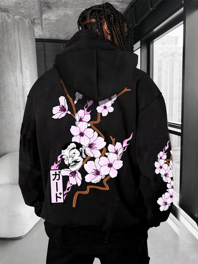 Men's Japanese Sakura Mask Pattern Fuzzy Fleece-lined Kangaroo Pocket Design Pullover Hoodie