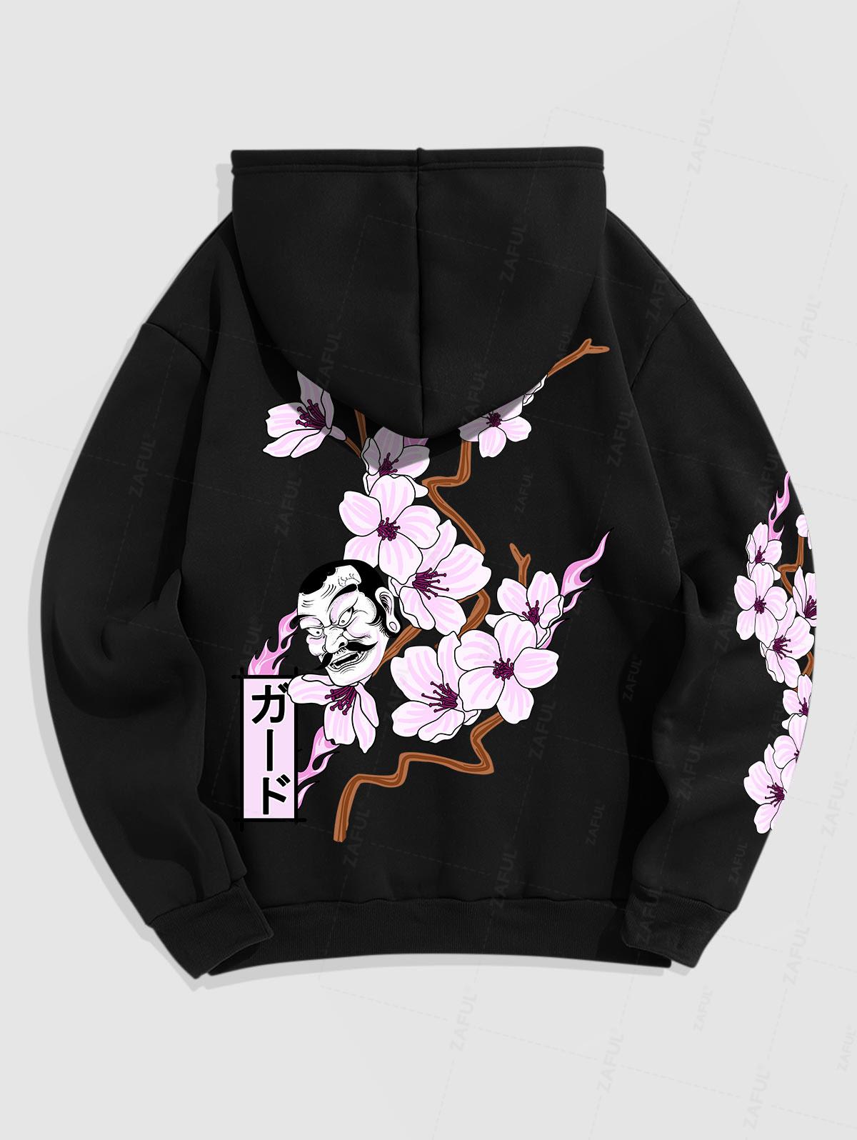 Men's Japanese Sakura Mask Pattern Fuzzy Fleece-lined Kangaroo Pocket Design Pullover Hoodie