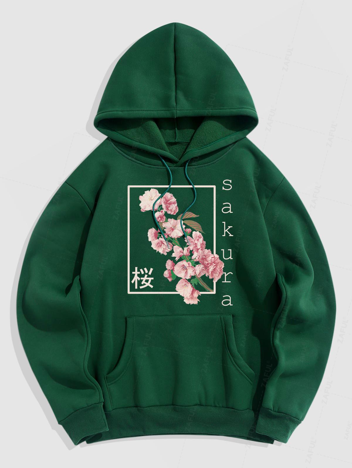 Men's Japanese Letter Sakura Graphic Pattern Fuzzy Fleece-lined Kangaroo Pocket Design Pullover Hoodie