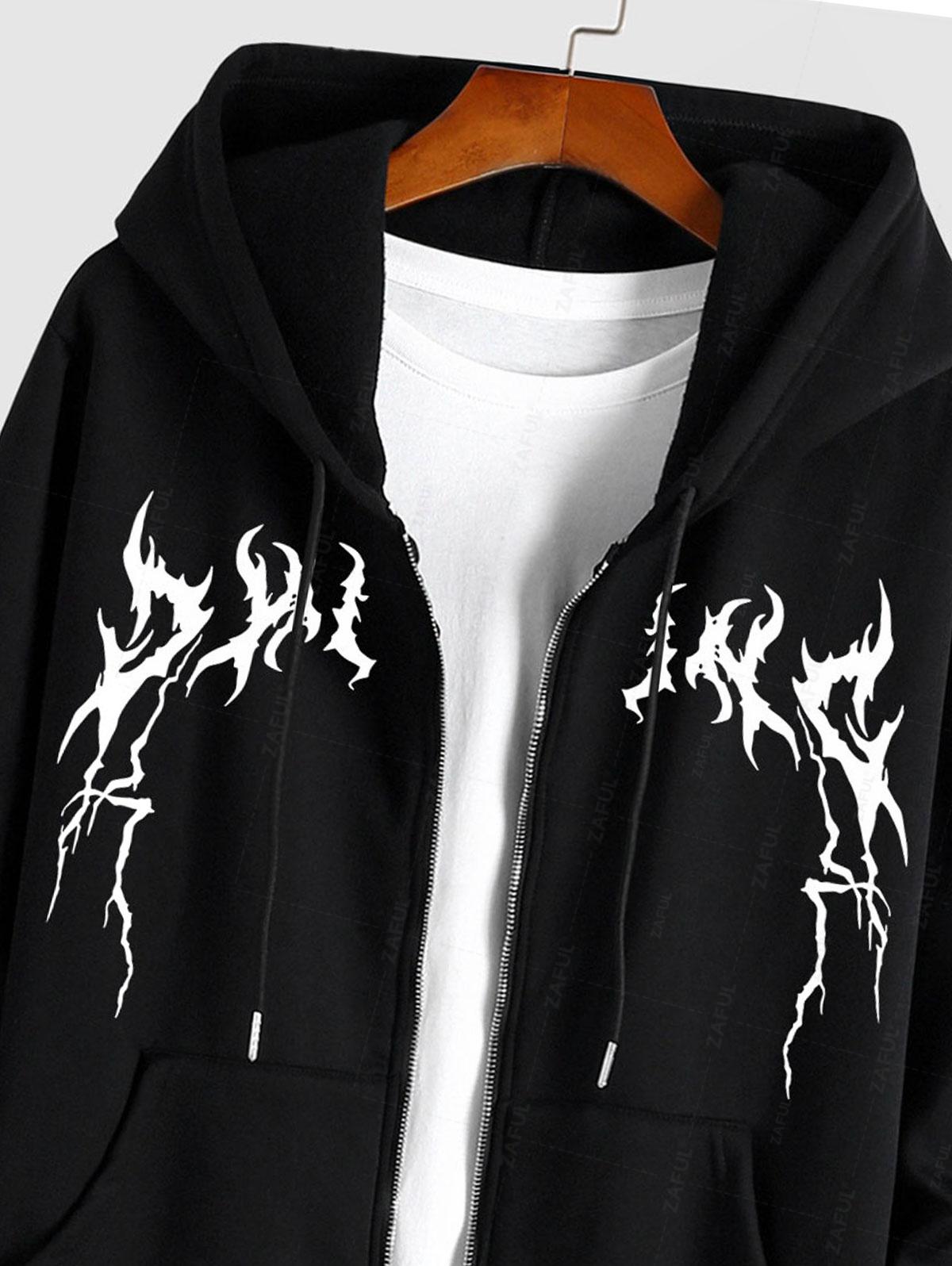 Men's Casual Lightning Pattern Fuzzy Fleece-lined Zip Up Hooded Jacket