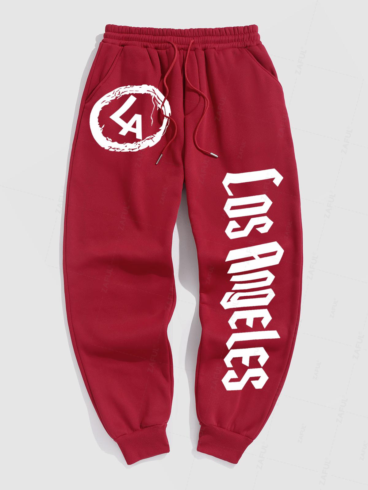 Men's Casual Los Angeles Letter Graphic Pattern Fuzzy Fleece-lined Drawstring Jogger Sweatpants