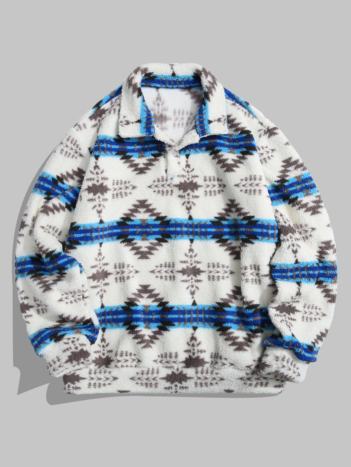 Men's Casual Polar Fleece Aztec Print Half Buttoned Long Sleeve Polo Collar Pullover Sweatshirt