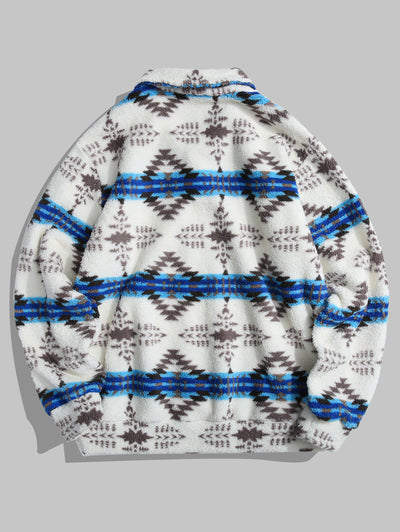 Men's Casual Polar Fleece Aztec Print Half Buttoned Long Sleeve Polo Collar Pullover Sweatshirt