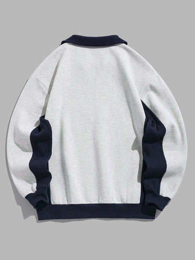 Men's Colorblock Letter Graphic Embroidered Fuzzy Fleece-lined Long Sleeve Pullover Sweatshirt