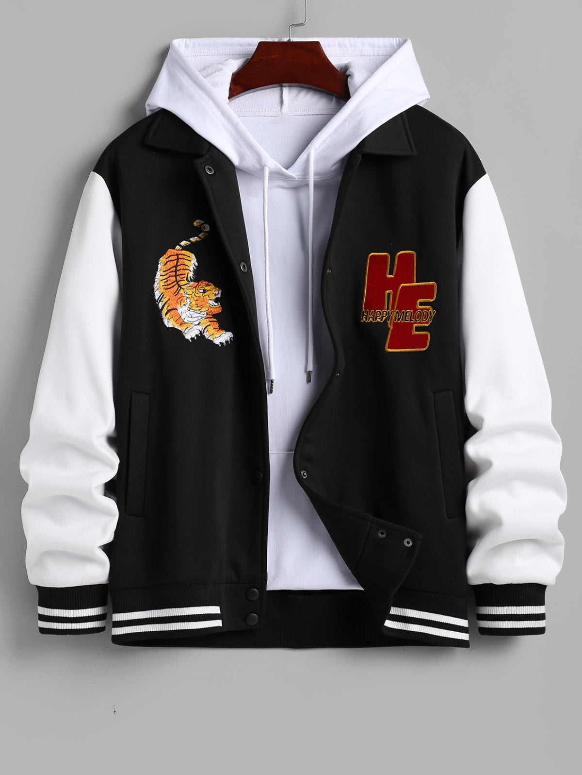 Men's Colorblock Tiger Letter Embroidered Stand Collar Fluffy Fleece-lined Baseball Jacket