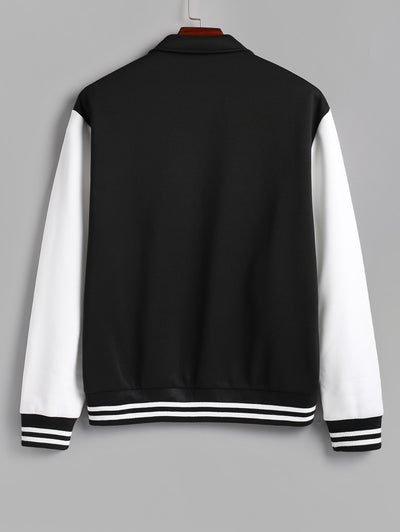 Men's Colorblock Tiger Letter Embroidered Stand Collar Fluffy Fleece-lined Baseball Jacket