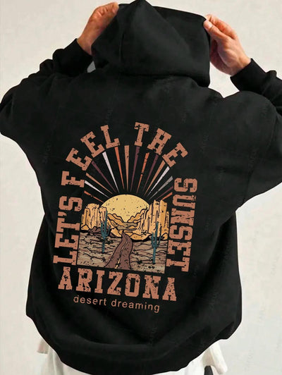 Men's Letter Arizona Sunset Cactus Pattern Fuzzy Fleece-lined Kangaroo Pocket Design Pullover Hoodie