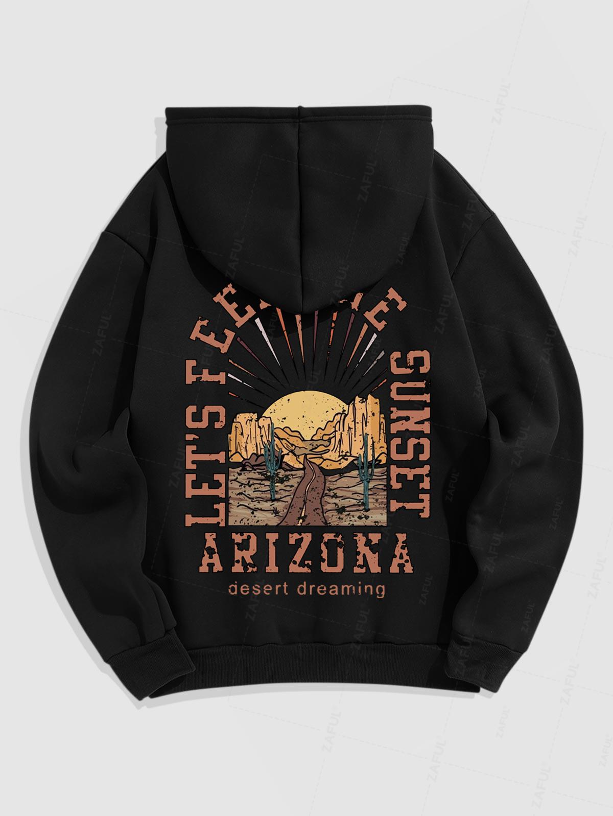 Men's Letter Arizona Sunset Cactus Pattern Fuzzy Fleece-lined Kangaroo Pocket Design Pullover Hoodie