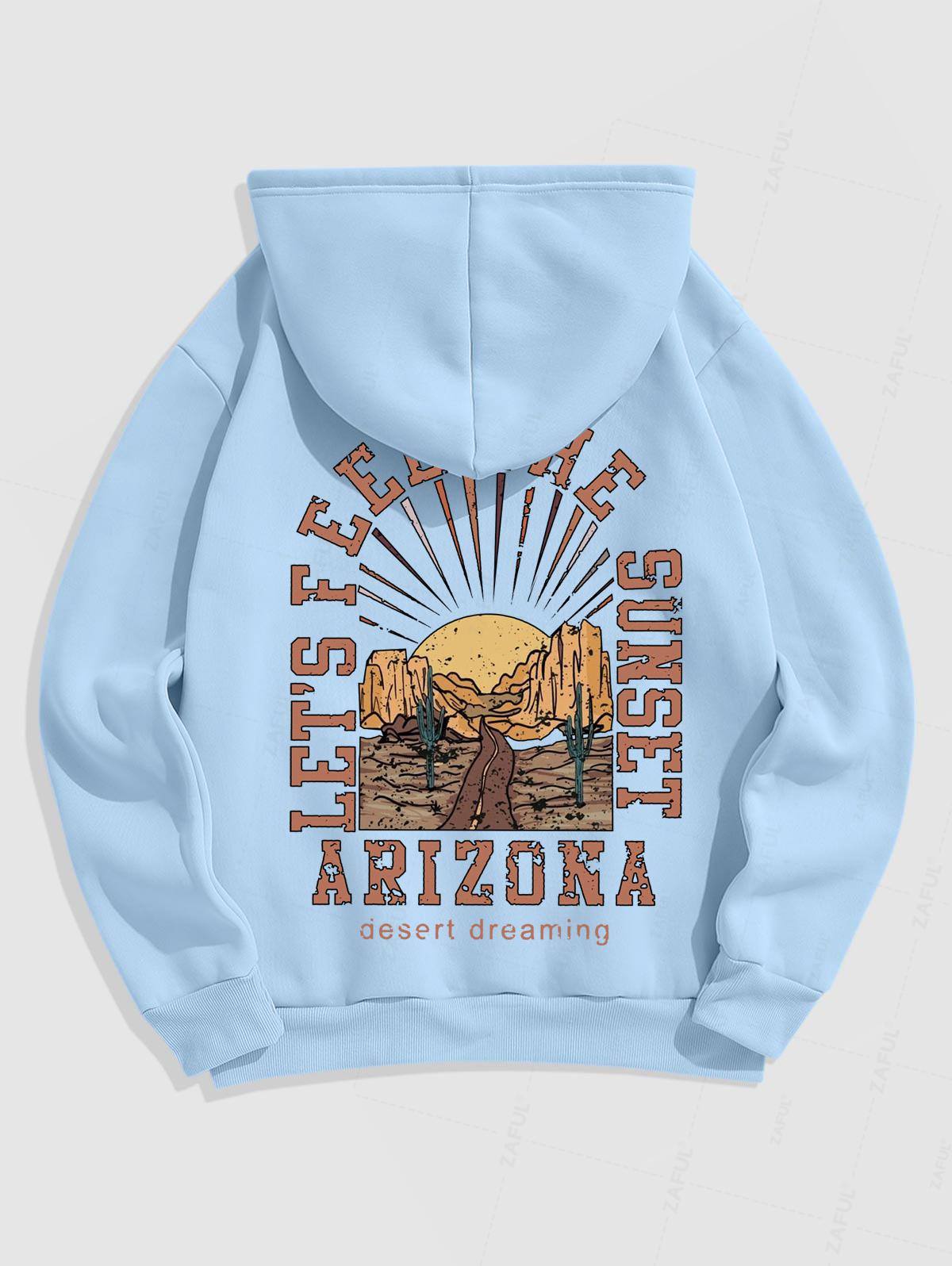 Men's Letter Arizona Sunset Cactus Pattern Fuzzy Fleece-lined Kangaroo Pocket Design Pullover Hoodie