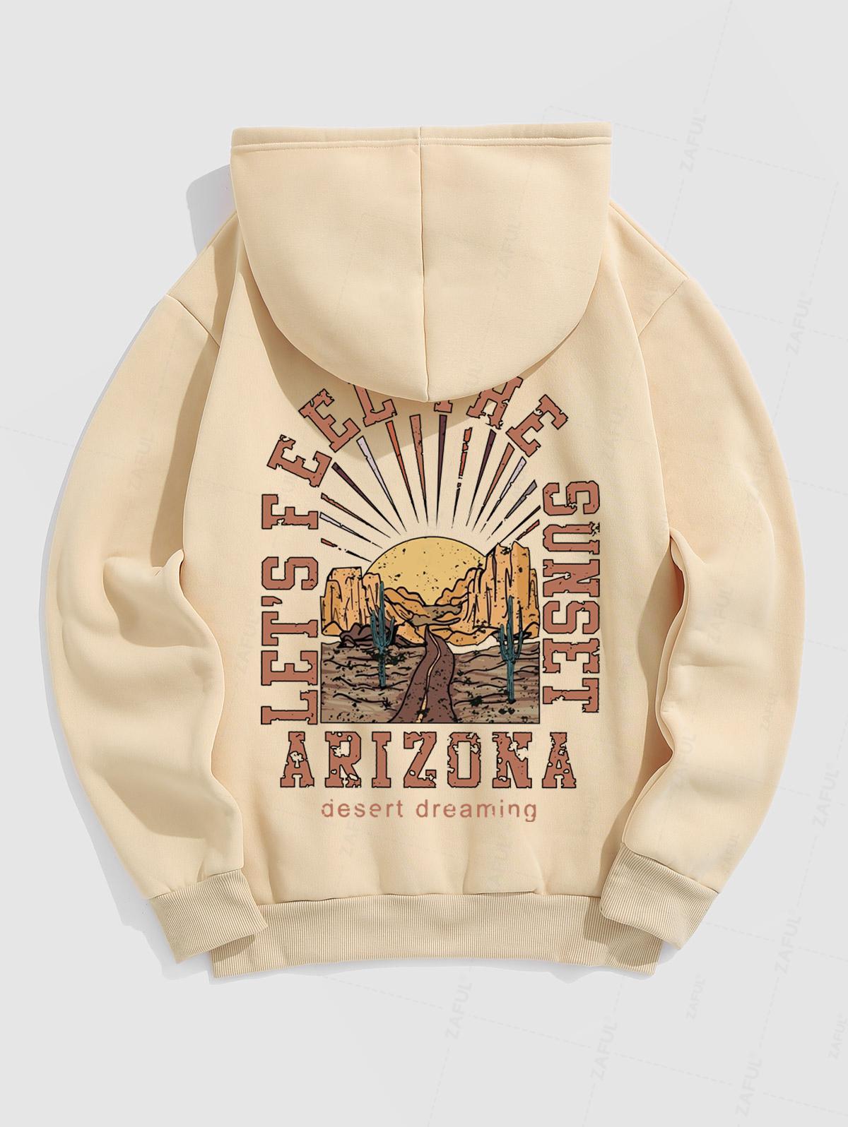 Men's Letter Arizona Sunset Cactus Pattern Fuzzy Fleece-lined Kangaroo Pocket Design Pullover Hoodie